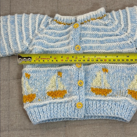 Sweater.  Hand made. Vintage. Blue and White Striped Baby Sailboat Design - Picture 3 of 4